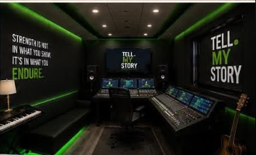 Inside the Healing Music & Arts Mobile Unit — professional recording studio with mixing console, keyboard, and Tellmystory branding