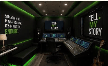 Inside the Healing Music & Arts Mobile Unit — professional recording studio with mixing console, keyboard, and Tellmystory branding