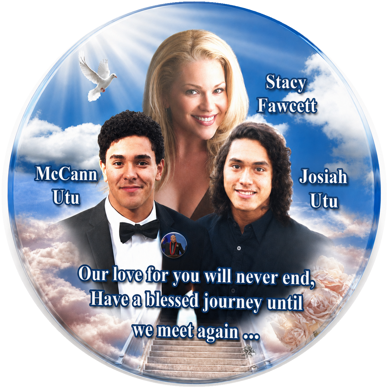 Tellmystory Challenge Foundation lapel button honoring Stacy, McCann Jr., and Josiah