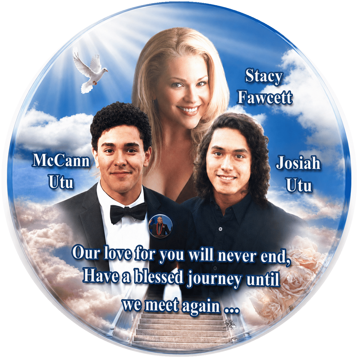 Tellmystory Challenge Foundation lapel button honoring Stacy, McCann Jr., and Josiah